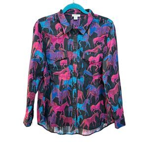 Sundance Shirt Womens Petite Medium Black Horse Print Western Snap Button Front